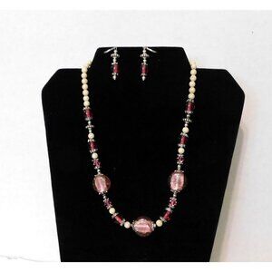 Beaded Jewelry Set Necklace 22 Inch Pierced Earrings Pink Glass Beads Silver